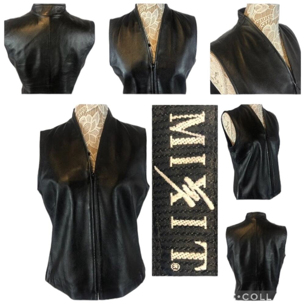 Vintage Mixit lambskin black leather lined V neck vest, zipper closing size 12T